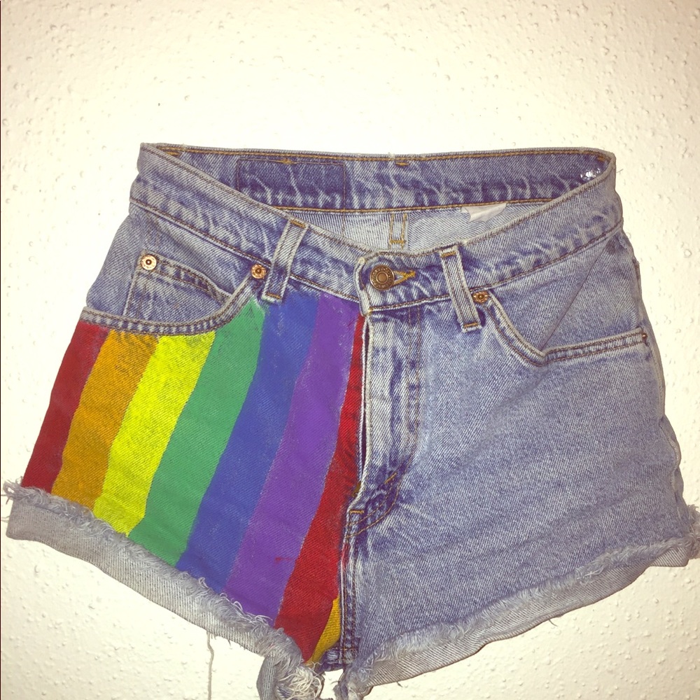 Levi’s cut-off shorts, decorated for pride.